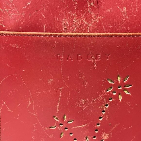 VTG Radley Red Leather Multicompartment Handbag Scottie Dog Logo Floral - Picture 11 of 16